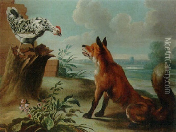The Cockerel And The Fox Oil Painting - Louis Antoine (le Chevalier Sixe) Sixet