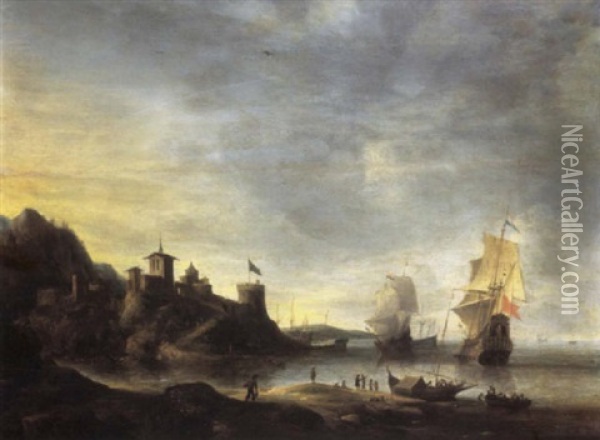 A Mediterranean Coastal Fortification With Two Dutch Men O' War Offshore, Fishermen Loading A Boat In The Foreground Oil Painting - Jan Abrahamsz. Beerstraten