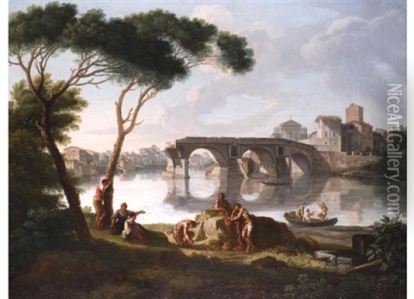 Romische Stadtansicht Mit Blick Auf Den Tiber Und Ponte Rotto Oil Painting - Giovanni Battista Busiri