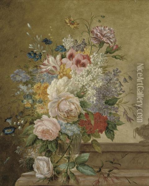 A Bouquet Of Flowers In A Glass Vase On A Ledge Oil Painting - Jan Evert Morel