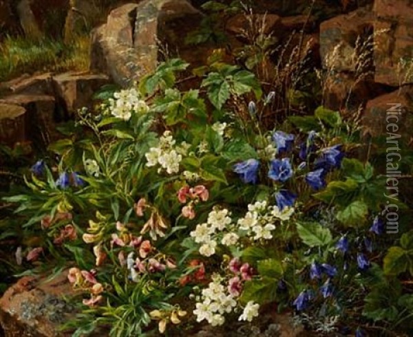 Forest Floor With Growing Harebell, Blooming Branches Of Blackberry And Sweet Pea Oil Painting - Anthonie Eleonore (Anthonore) Christensen