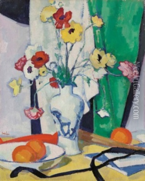 Still Life Of Summer Flowers In A Chinese Blue And White Vase Oil Painting - Samuel John Peploe