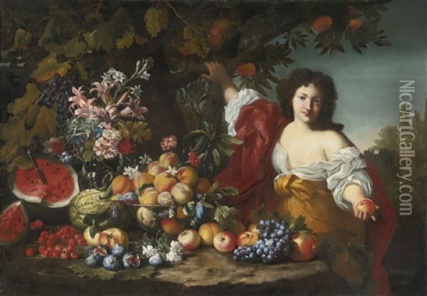 Still Life Of Fruits And Flowers With A Figure Oil Painting - Abraham Brueghel
