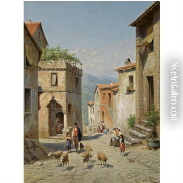 Figures In The Streets Of Frosinone, Italy Oil Painting - Jacques Francois Carabain