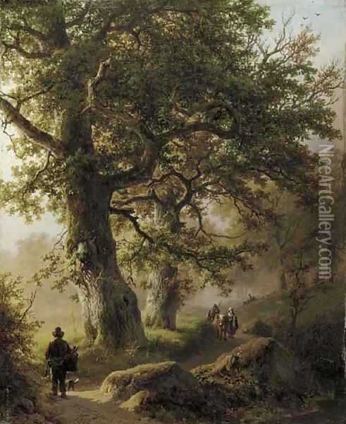 Boschgezigt bij morgenstond travellers on a forest path Oil Painting - Barend Cornelis Koekkoek