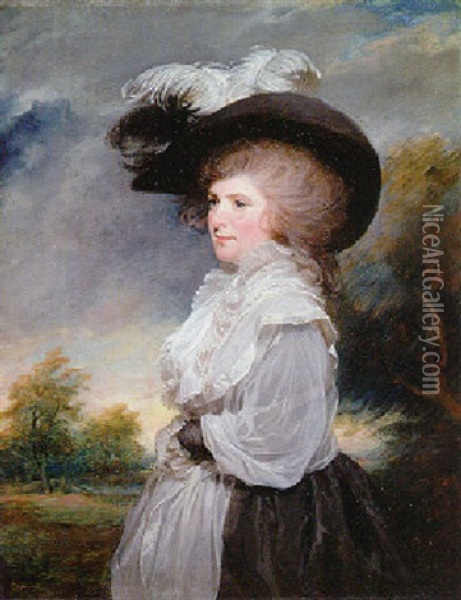 Portrait Of Miss Mary Constance Wearing A Grey Dress And A Plumed Hat Oil Painting - Sir William Beechey