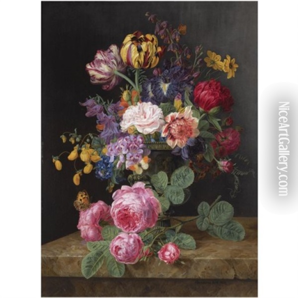 A Still Life With Roses, Tulips And Other Flowers Oil Painting - Henriette Gertrude Knip