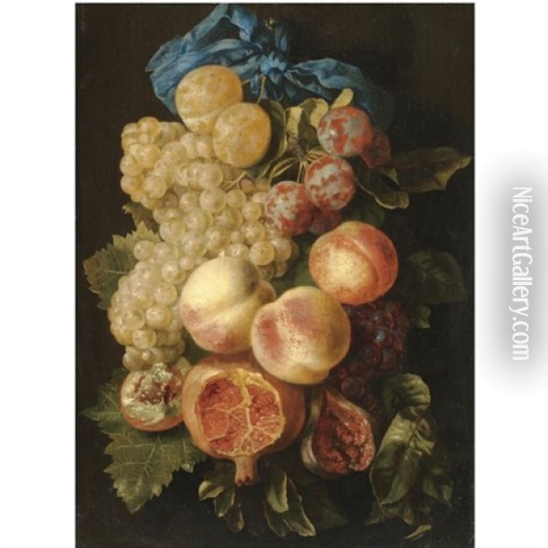 A Still Life With Plums, Grapes, Peaches And A Pomegranate, Tied With A Blue Ribbon Oil Painting - Christiaan Luycks