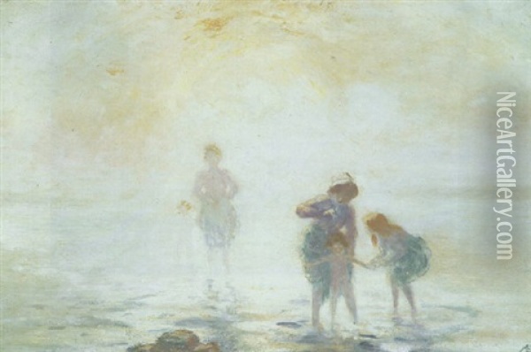 Setting Sun: Paddling In The Water's Edge Oil Painting - George Russell