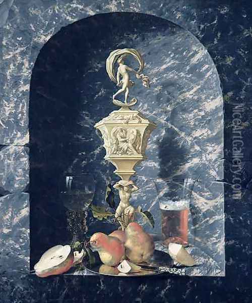 Still Life with Decorated Goblet Fruit and Glasses in a Stone Alcove Oil Painting - Johann Georg (also Hintz, Hainz, Heintz) Hinz