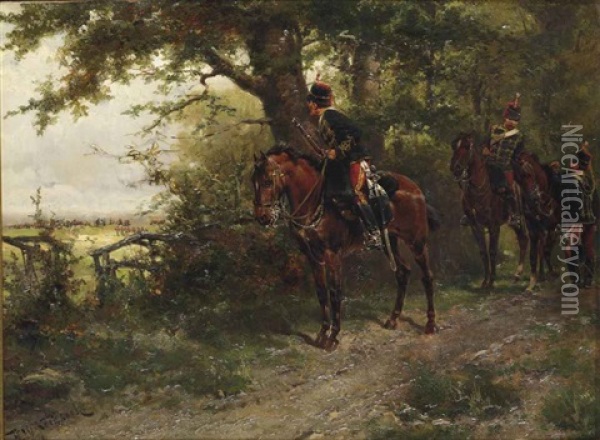 11th (prince Albert's Own) Hussars Scouting On A Forest Path Oil Painting - Hermanus Willem Koekkoek