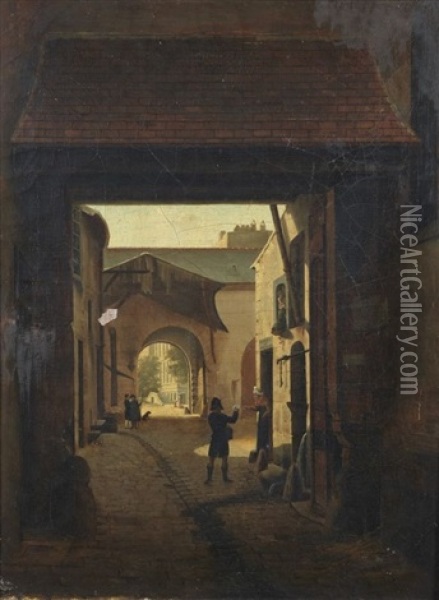 Cour D'une Maison De Roulage, Rue Saint-denis, Dite Cour Sainte-catherine, Le Repos Du Soldat (pair) Oil Painting - Etienne Bouhot