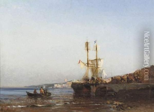 Pecheurs Ramenant Leurs Filets Dans Un Port Mediterraneen Oil Painting - Andre Maglione