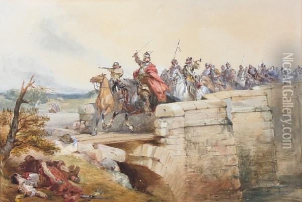 Cavalry Charging Across A Stone Bridge Oil Painting - Charles Cattermole