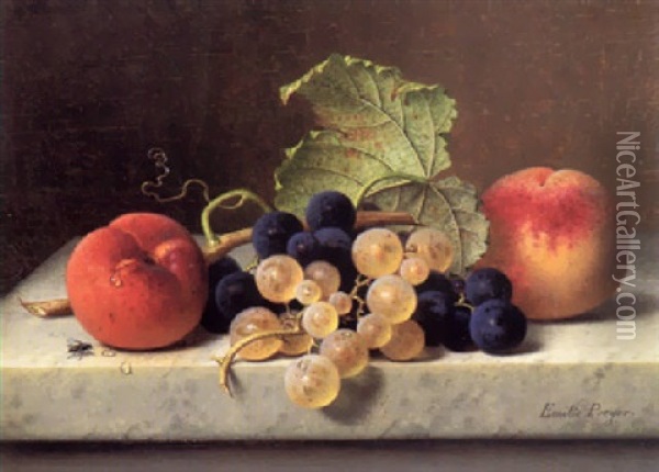 Fruchtestilleben Mit Zwei Pfirsichen Und Trauben Auf Einer Marmortischplatte Oil Painting - Emilie Preyer