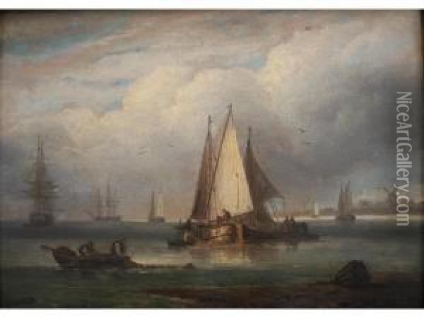 Coast Scene: Calm, Dutch Boats Oil Painting - Thomas Luny