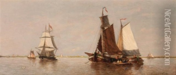 Shipping In Calm Waters Oil Painting - Francois-Etienne Musin