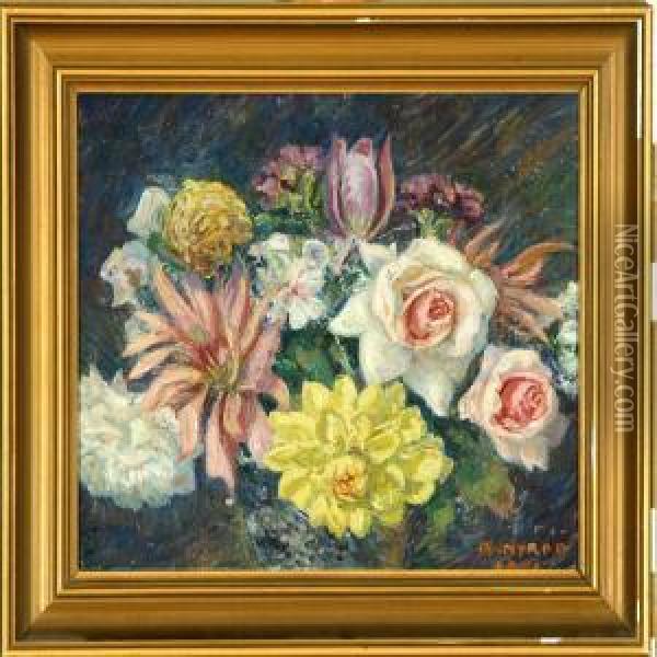 Flower Bouquet Plus Autumn Scenery Oil Painting - Borge C. Nyrop