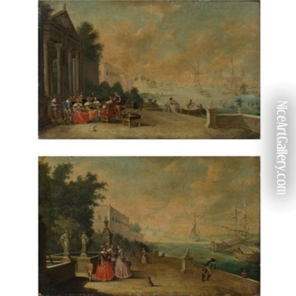 Views Of Bustling Harbors With Elegant Figures Strolling Along The Shore (pair) Oil Painting - Vicente Giner
