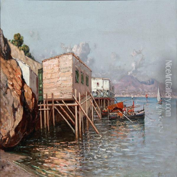 Fishing Boats In The Bay Of Naples Oil Painting - Giuseppe Carelli