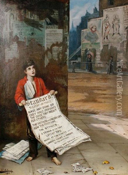 A London News Boy Oil Painting - Augustus Edwin Mulready