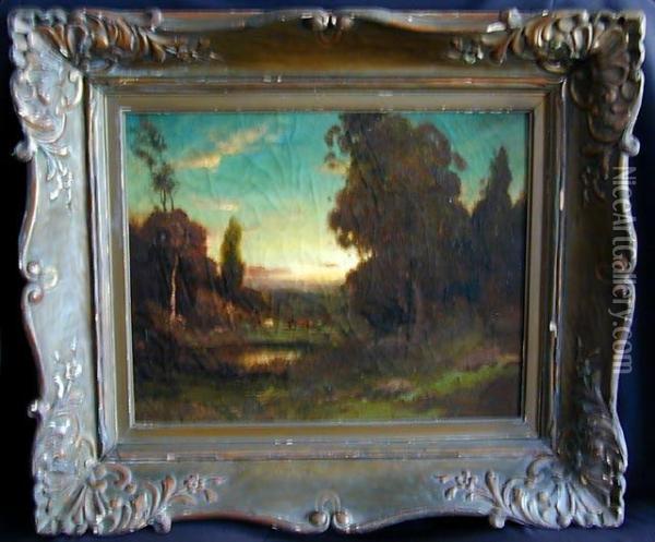 Cattle Grazing By Pond At Sunset Oil Painting - Alexis Matthew Podchernikoff