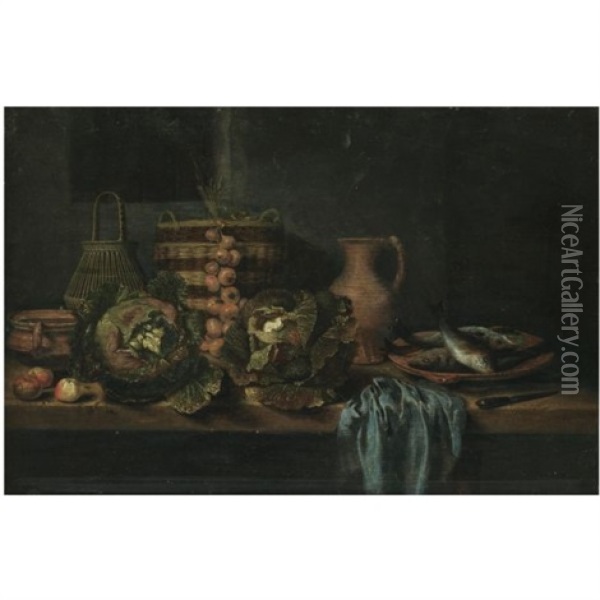 A Still Life With Cabbages, Onions, Apples, A Knife, Wicker Baskets And Earthenware Jugs On A Table, Together With A Plate Of Fish And A Blue Cloth Oil Painting - Hubert van Ravesteyn