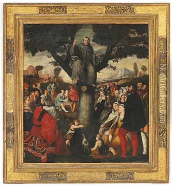 Saint Anthony Of Padua Is Preaching Sitting In A Walnut Tree Oil Painting - Bonifazio de Pitati