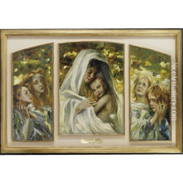 Maternita Con Angeli (triptych) Oil Painting - Ermenegildo Agazzi