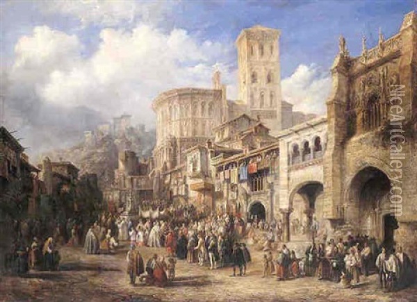 Vue Fantaisiste D'une Ville Espagnole Avec Un Caprice De La Casa Del Rey Don Pedro De Alcala De Henares Oil Painting - Genaro Perez Villaamil