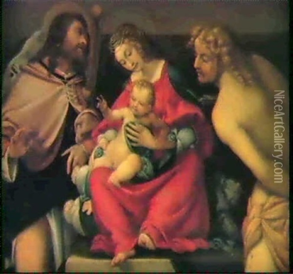 The Madonna And Child With Saints Roche And Sebastian Oil Painting - Lorenzo Lotto