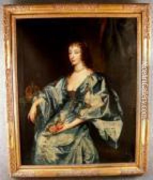 ''ritrattodella Regina Henrietta
 Maria, Seduta, Vista Da Tre Quarti, In Vestedi Velluto Blu Rifinito Con
 Importanti Gioielli, A Fianco Unacorona E In Mano Bouquet Di Fiori'' Oil Painting - Sir Peter Lely