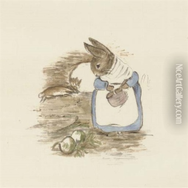 Peter Never Stopped Running Or Looked Behind Him Till He Got Home To The Big Fir-tree. Oil Painting - Beatrix Potter