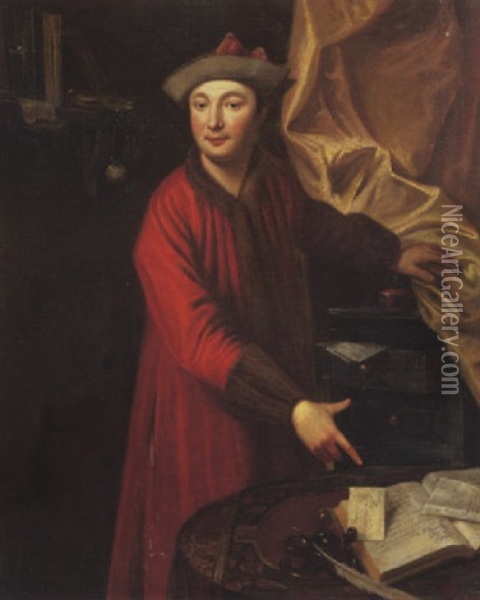 Portrait Of An Oriental Gentleman, Standing In His Study Pointing At An Open Book Oil Painting - Antoine de Favray