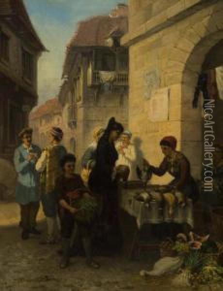 The Poultry Stall. Oil Painting - Herman J. Van Der Voort In De Betouw