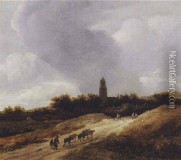 A Dune Landscape With Travellers, Shepherds And Cattle On A Path, A Church Tower Beyond Oil Painting - Guillam Dubois