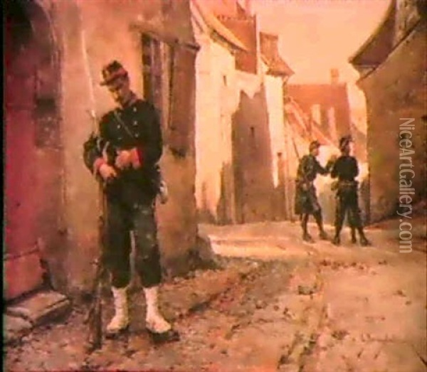 French Soldiers In Street Oil Painting - Etienne Prosper Berne-Bellecour
