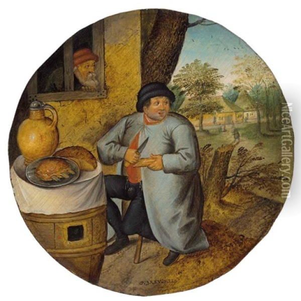 A Flemish Proverb: 'the Man Who Cuts Wood And Meat With The Same Knife' Oil Painting - Pieter Brueghel the Younger