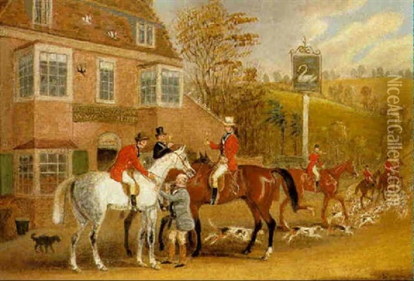 A Meet Outside The Swann Inn Oil Painting - James Pollard