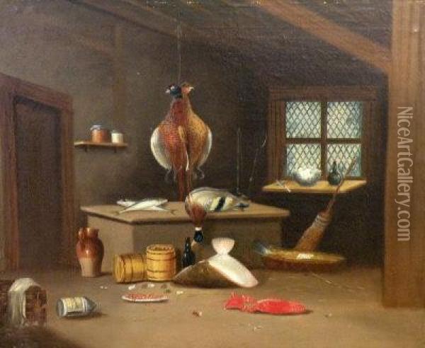 The Game Larder With Hare, Pheasant And Grouse In An Interior Oil Painting - Benjamin Blake