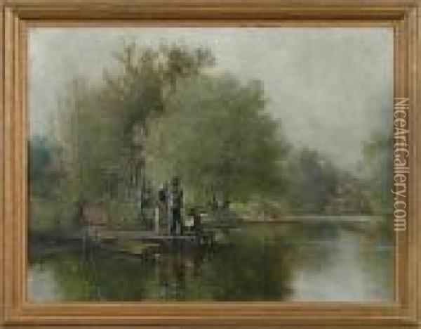 Figures On Dock Oil Painting - Thomas Corwin Lindsay