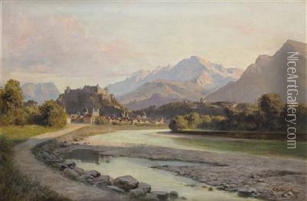 Blick Vom Salzachufer Auf Salzburg Mit Festung Und Untersberg Oil Painting - Franz Kulstrunk