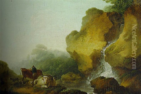 A Rocky Landscape With Herdsmen Resting Before A Waterfall Oil Painting - Philip James de Loutherbourg