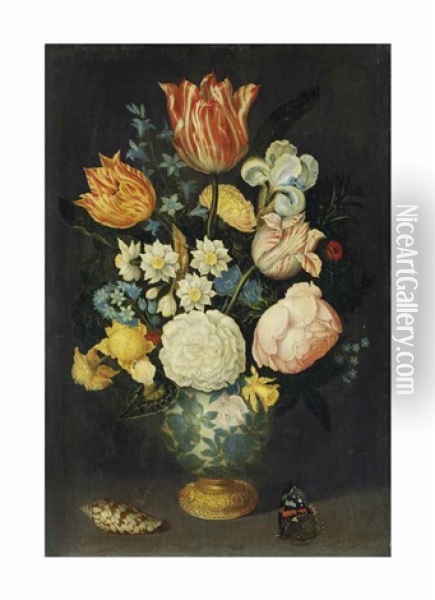 Flowers In A Gilt-mounted Wan-li Vase On A Ledge, With A Butterfly And Shell Oil Painting - Ambrosius Bosschaert the Elder