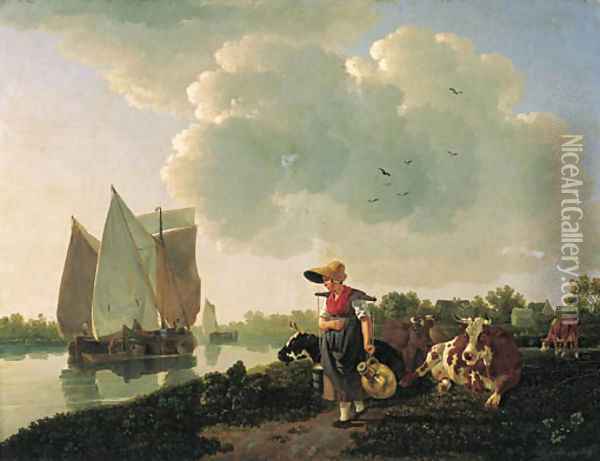 A milkmaid walking along a waterway Oil Painting - Leendert de Koningh