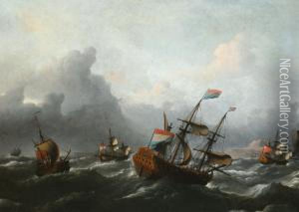 Dutch And Englishmen Of War Near The English Coast By Stormy Weather Oil Painting - Aernout Smit