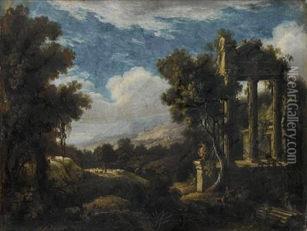 A Wooded Landscape With Figures Before Ruins Oil Painting - Pierre Antoine Patel