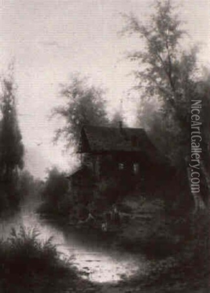 Abendstimmung In Einem Laubwald Holzhaus Am Flus Oil Painting - Albert Rieger