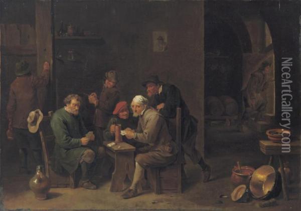 Peasants Playing Cards In An Interior Oil Painting - David The Younger Teniers