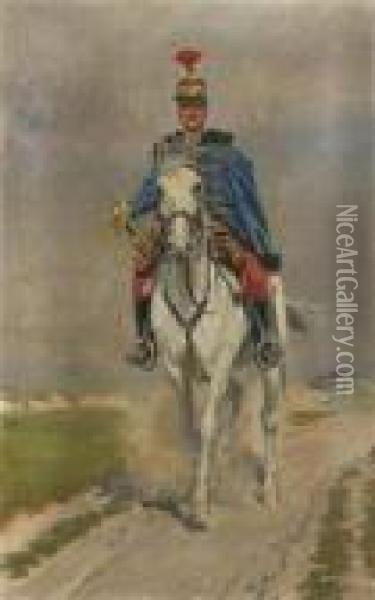 A Hussar On A White Horse Oil Painting - Alexander Pock